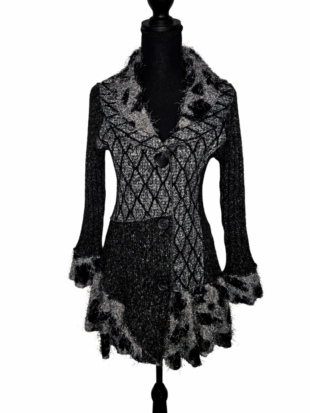 Y2k Black & Gray Textured Button-Front Sweater Coat!